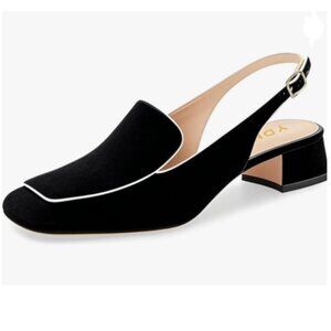 YDN Black Suede Square Toe Block Low Heels Slingback Formal Loafer Dressy Shoes